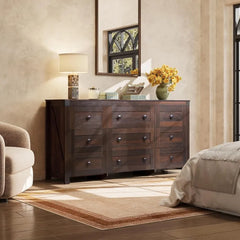 WLIVE Farmhouse Dresser Bedroom,63" Wide 9Drawer Dresser Storage Organizer,Wood Chest of Drawers,TV Stand for 70 inch TV(Brown)