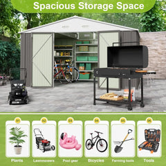 "10x10 Foot Outdoor Storage Shed - Large Grey Metal Garden and Tool Shed for Backyard Patio Lawn"