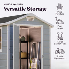 Manor 4x6 Resin Outdoor Storage Shed Kit-Perfect to Store Patio Furniture, Garden Tools Bike Accessories, Beach Chairs and Lawn