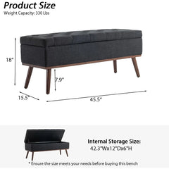 45.5" Tufted Storage Ottoman - Mid-Century Modern Bench with Safety Hinge & Wood Legs
