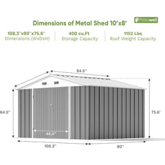 Large Outdoor Storage Shed - 10x8 Feet Metal Garden Tool Shelter with Sloping Roof and Double Lockable Entrance