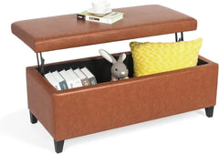 Lift Top Storage Ottoman Bench, 42 inch Beige Rectangular Ottoman, Corduroy Fabric Upholstered Storage Bench for LivingRoom