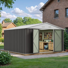 "10x10 Foot Outdoor Storage Shed - Large Grey Metal Garden and Tool Shed for Backyard Patio Lawn"