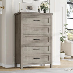 Elegant Gray Farmhouse 5 Drawer Dresser For Bedroom - Tall Chest Of Dresser With Spacious Storage, Solid Wood Construction For