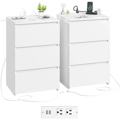 FOTOSOK White Nightstand Set of 2, 26" H White Night Stand with Charging Station, Nightstand Set 2 with USB Ports &Power Outlets