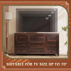 WLIVE Farmhouse Dresser Bedroom,63" Wide 9Drawer Dresser Storage Organizer,Wood Chest of Drawers,TV Stand for 70 inch TV(Brown)