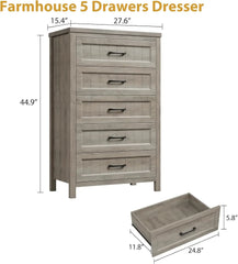 Elegant Gray Farmhouse 5 Drawer Dresser For Bedroom - Tall Chest Of Dresser With Spacious Storage, Solid Wood Construction For