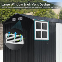 8x6FT Outdoor Storage Shed, Galvanized Steel Metal Garden Shed with Large Window, Lockable Double Door, Outdoor Tool Shed for B