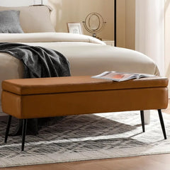 Leather Storage Ottoman Bench,End of Bed Bench Living Room Bedroom Dinning Room Entryway,Loads 660 lb (Without Button, Brown)