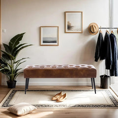 Button-Tufted Ottoman Bench, Upholstered Bedroom Benches Leather Footrest Stool Accent Bench for Entryway Dining Room