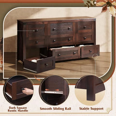 WLIVE Farmhouse Dresser Bedroom,63" Wide 9Drawer Dresser Storage Organizer,Wood Chest of Drawers,TV Stand for 70 inch TV(Brown)