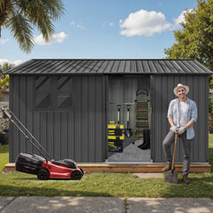 12x10 Ft Storage Shed Outdoor, XL Permanent Steel Building with Window, Sliding Doors and 4 Air Vents for Backyard Garden Patio