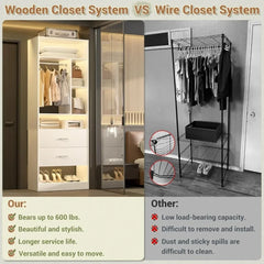 YQXH 24 Inches Closet System with 2 Wood Drawers, 2FT Small Closet Organizer System with 6 Shelves