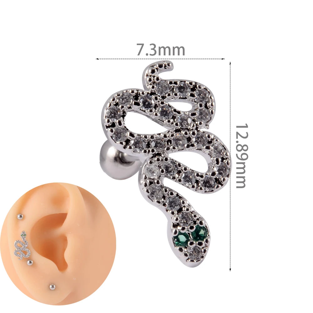 1Pc Stainless Steel Wolf Ear Tragus Cartilage Stud CZ Gem Leaf Rainbow Snake Barbell Helix Earring Lobe Studs Piercing Jewelry