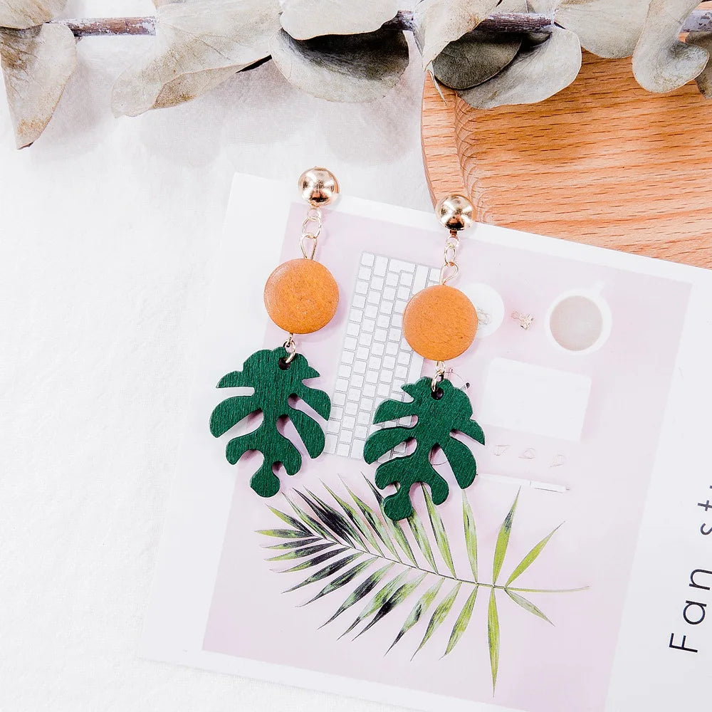 fashion green color African plant Wood Monstera Leaf earrings for women bear drop earring girls gifts new fj008