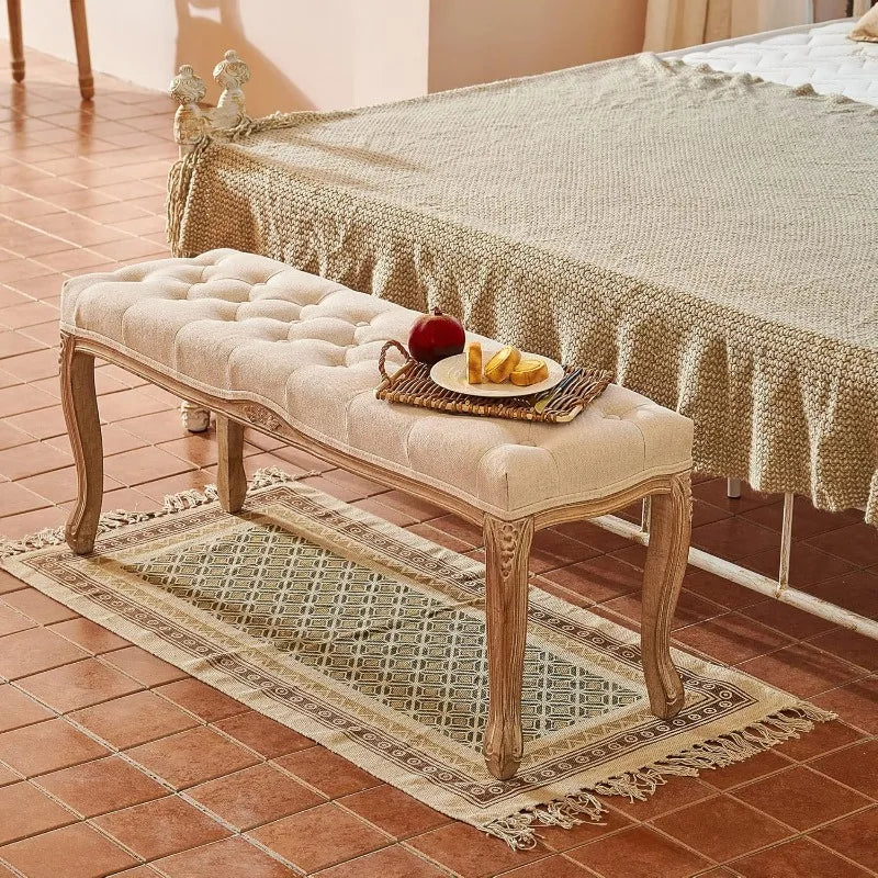 VONLUCE Vintage Dining Bench with Padded Seat&Rubberwood Legs,44" Memory Foam Upholstered Entryway Bench,Tufted Fabric End Beige