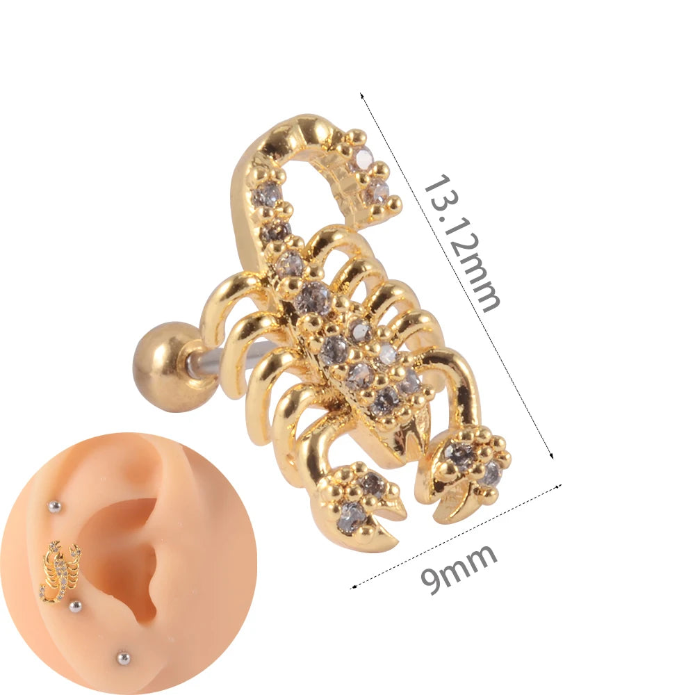 1Pc Stainless Steel Wolf Ear Tragus Cartilage Stud CZ Gem Leaf Rainbow Snake Barbell Helix Earring Lobe Studs Piercing Jewelry