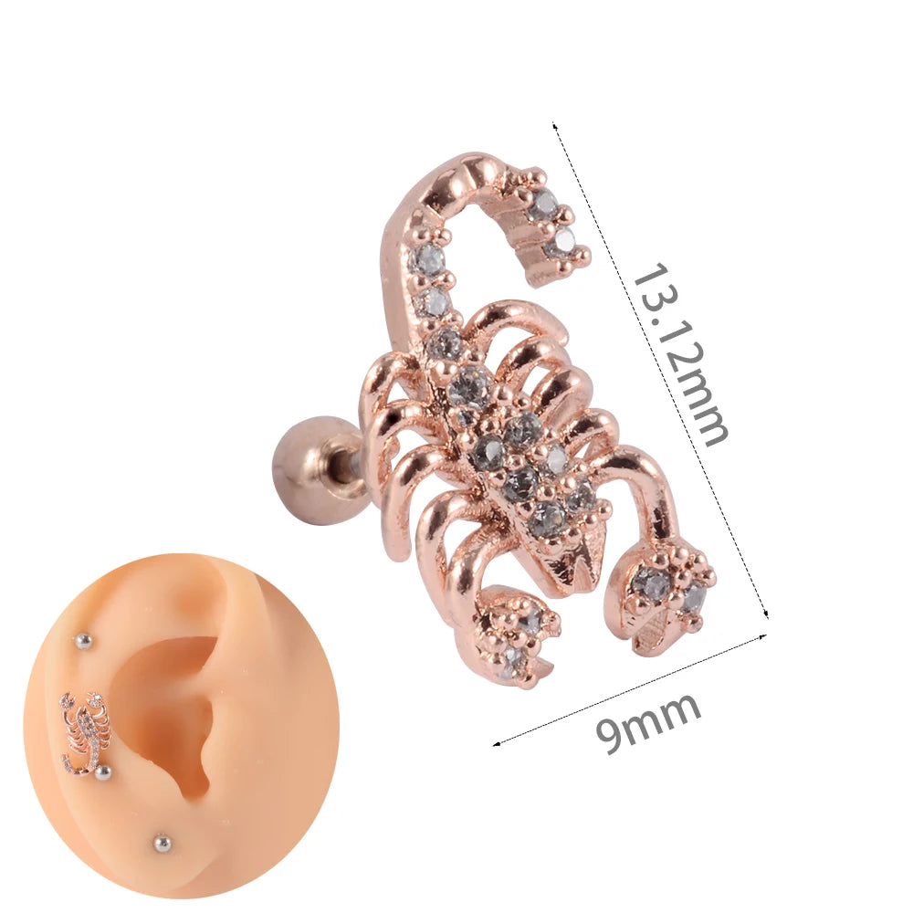 1Pc Stainless Steel Wolf Ear Tragus Cartilage Stud CZ Gem Leaf Rainbow Snake Barbell Helix Earring Lobe Studs Piercing Jewelry