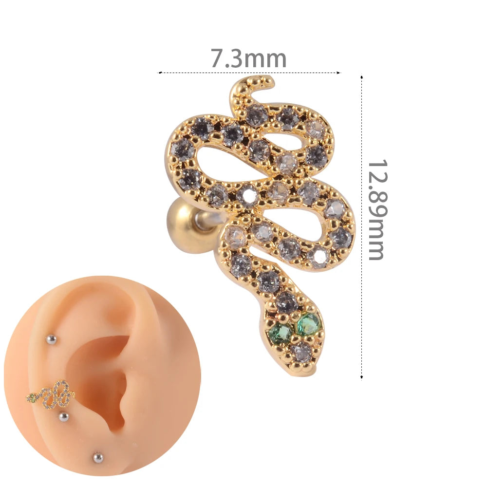 1Pc Stainless Steel Wolf Ear Tragus Cartilage Stud CZ Gem Leaf Rainbow Snake Barbell Helix Earring Lobe Studs Piercing Jewelry