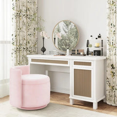 360° Swivel Accent Chair with Storage, Vanity Stool with Back,Velvet Storage Ottoman,Upholstered Round Barrel Vanity Chair(Pink)