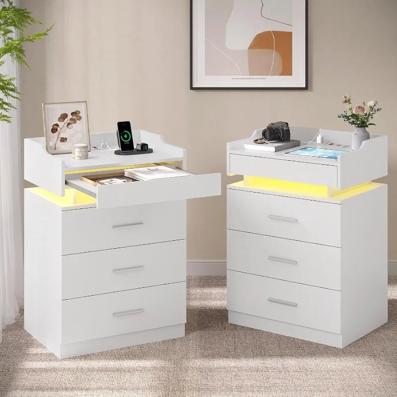 White Nightstand Set of 2,LED Night Stand with Charging Station & Pull-Out Tray,Bedside Table with Drawers,Modern End Table 2PCS