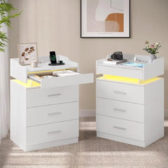 White Nightstand Set of 2,LED Night Stand with Charging Station & Pull-Out Tray,Bedside Table with Drawers,Modern End Table 2PCS