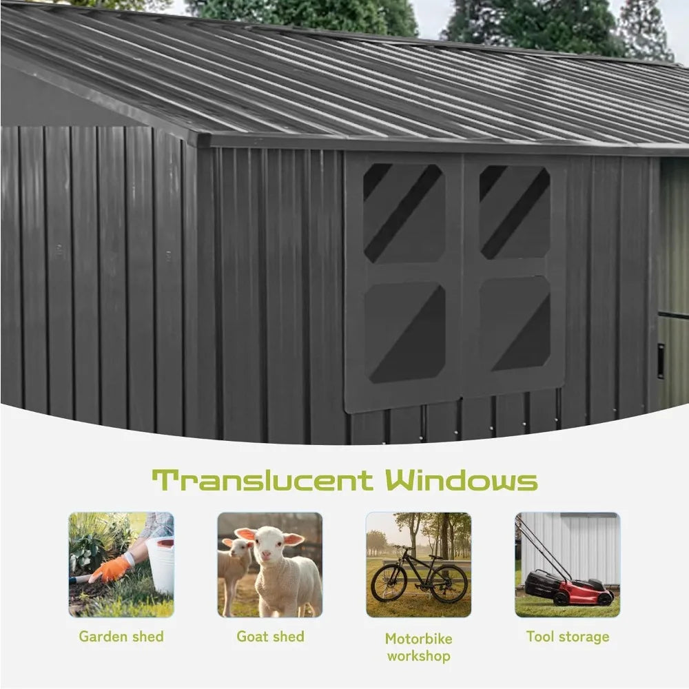 12x10 Ft Storage Shed Outdoor, XL Permanent Steel Building with Window, Sliding Doors and 4 Air Vents for Backyard Garden Patio