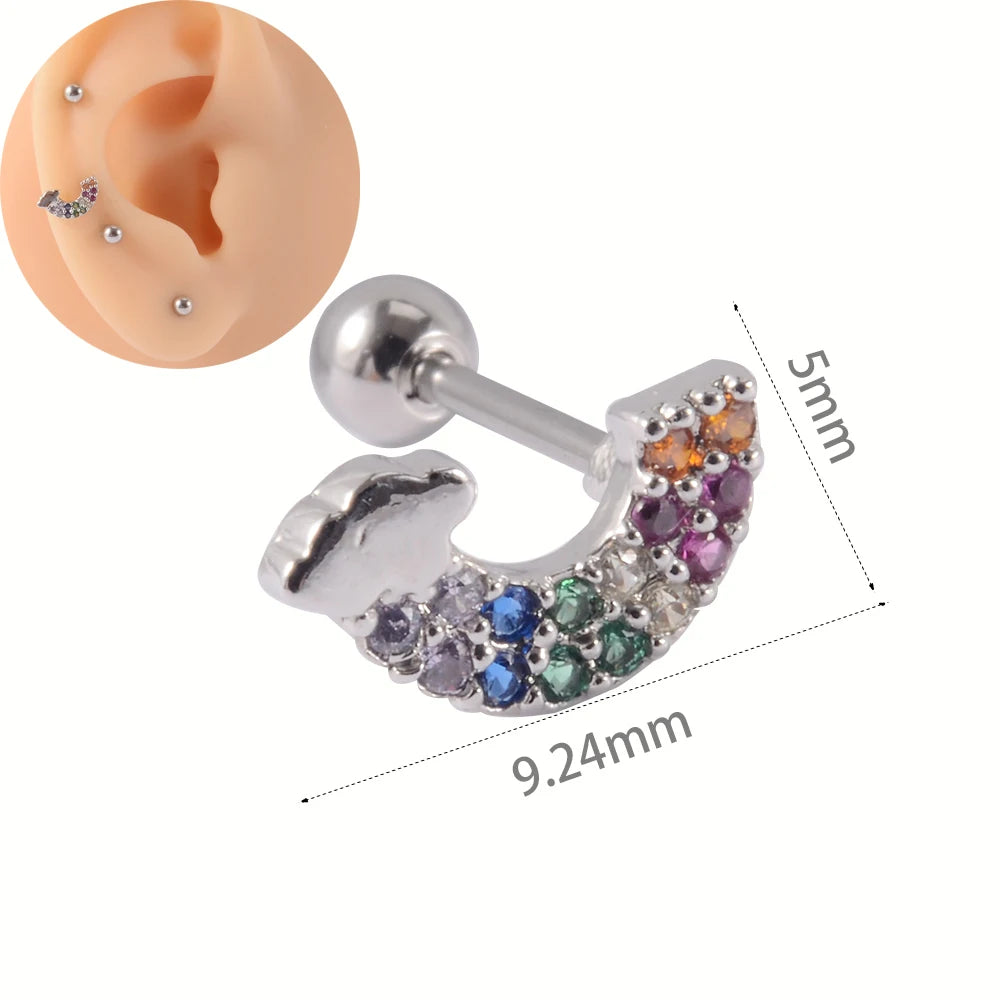 1Pc Stainless Steel Wolf Ear Tragus Cartilage Stud CZ Gem Leaf Rainbow Snake Barbell Helix Earring Lobe Studs Piercing Jewelry