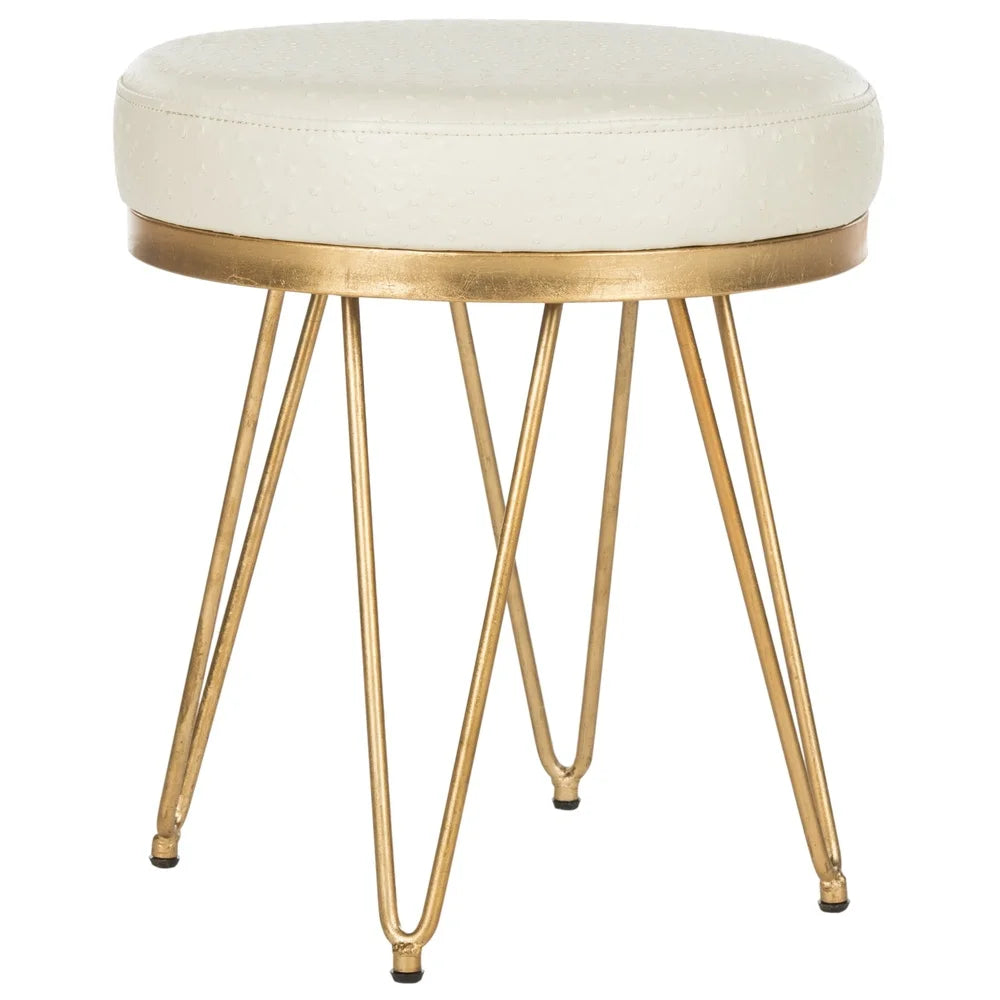 Mid-Century Round Faux Ostrich Bench Cream Upholstered Gold Frame Indoor Seating Durable Cushioned Accent Furniture 275 lbs