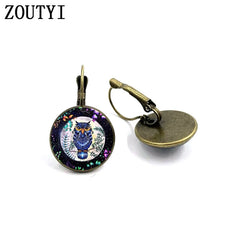 New/hot-selling owl flower pattern earrings, convex glass inlay earrings, men and women wear jewelry.