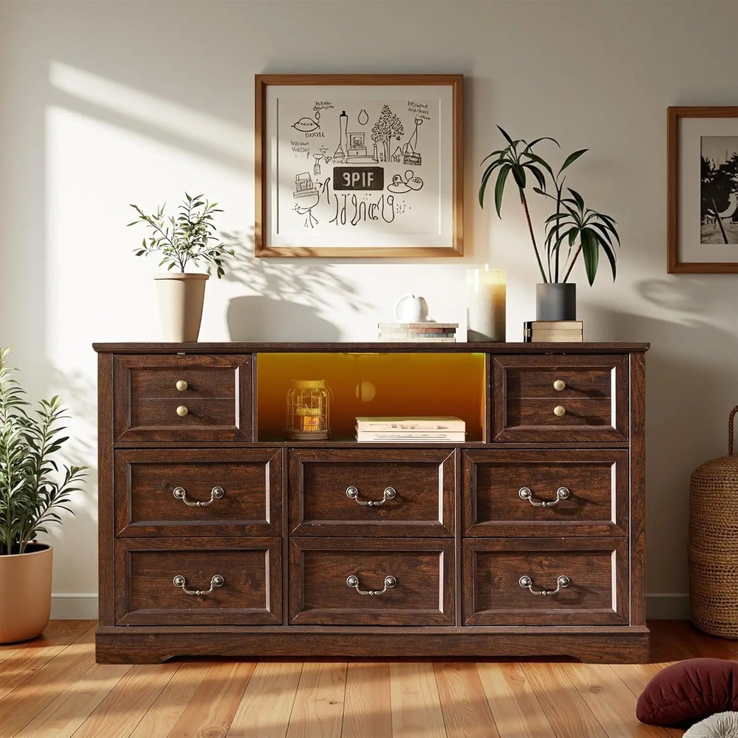 White Dresser for Bedroom with Charging Station & Led Lights,55.02" TV Stand with 8 Drawers,Dressers & Chests of Drawers