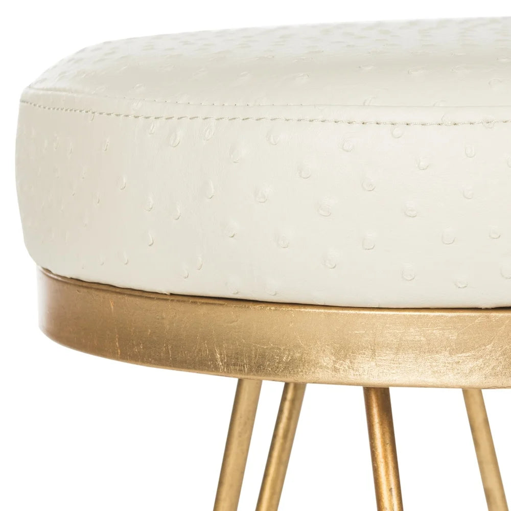 Mid-Century Round Faux Ostrich Bench Cream Upholstered Gold Frame Indoor Seating Durable Cushioned Accent Furniture 275 lbs