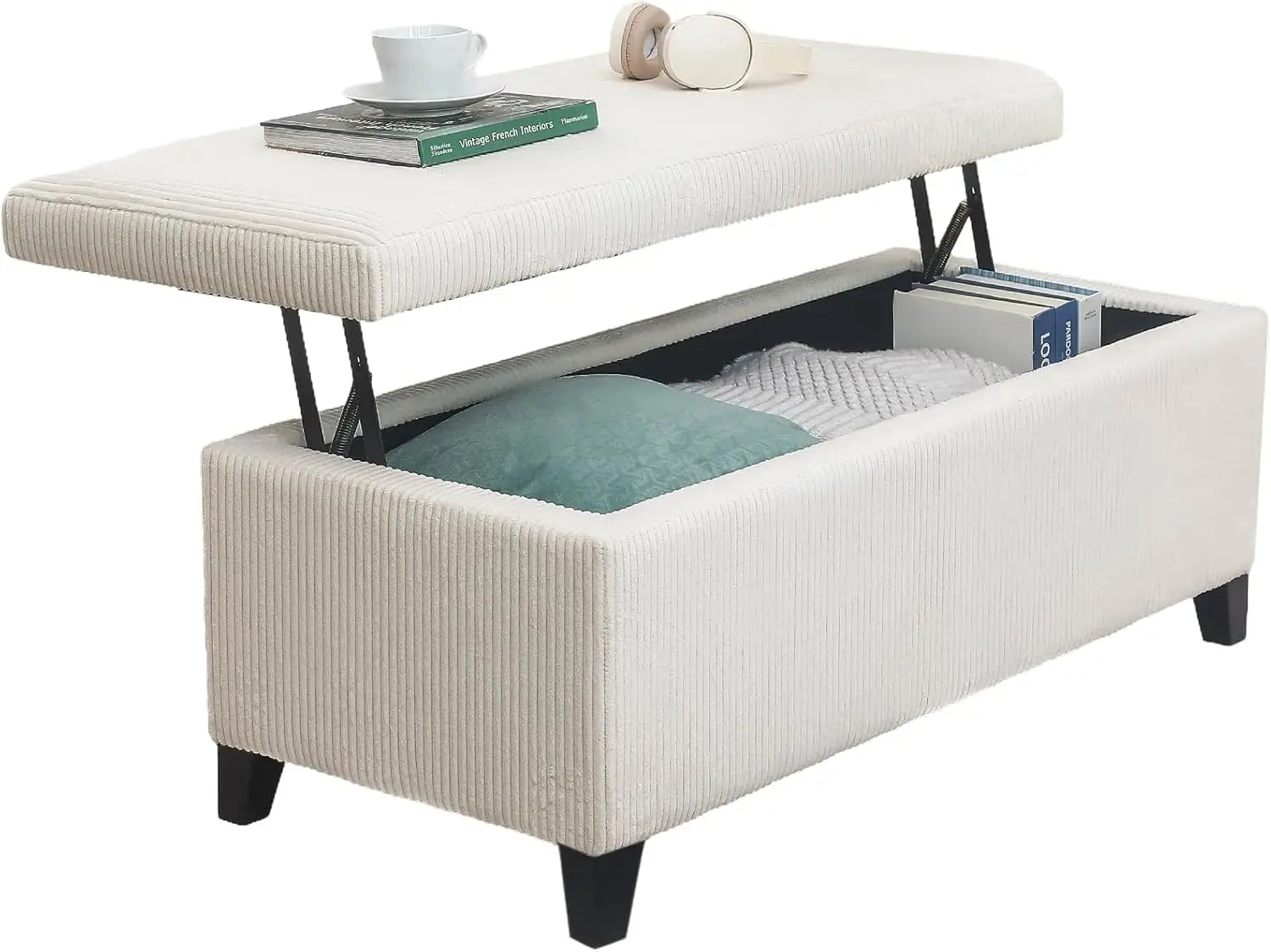 Lift Top Storage Ottoman Bench, 42 inch Beige Rectangular Ottoman, Corduroy Fabric Upholstered Storage Bench for LivingRoom