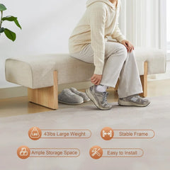Solid Wooden Bench for Bedroom, 55'' Linen Fabric End of Bed Bench Queen Size, Modern Accent Entryway Bench