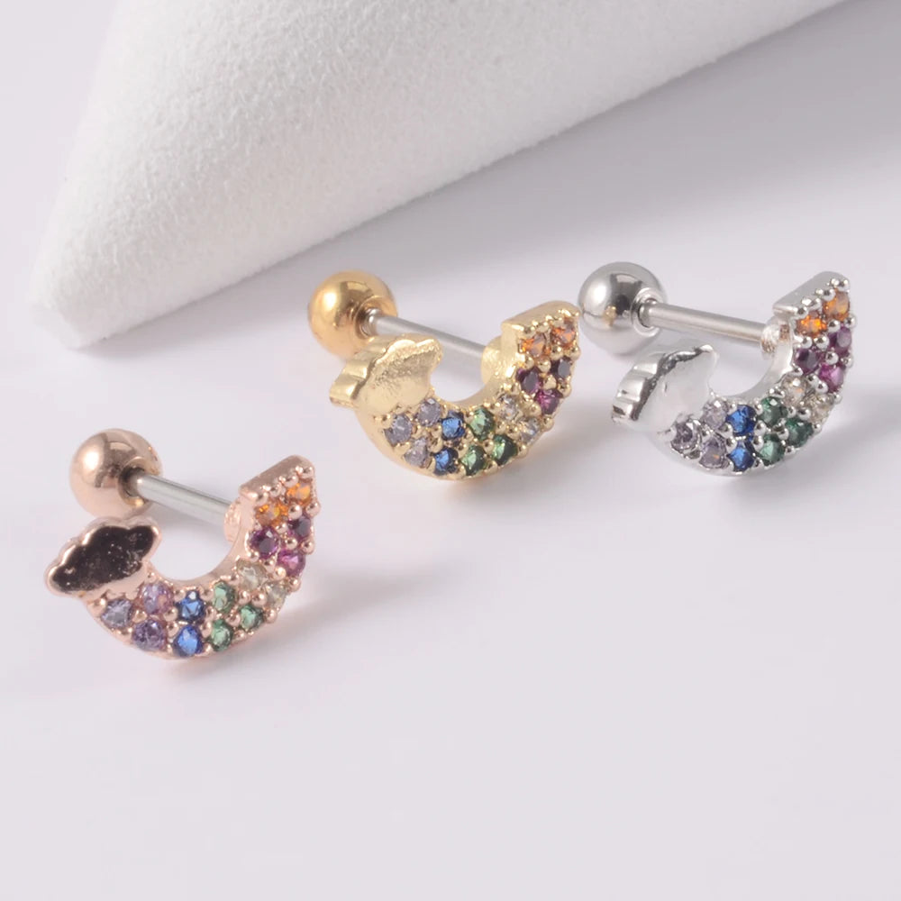 1Pc Stainless Steel Wolf Ear Tragus Cartilage Stud CZ Gem Leaf Rainbow Snake Barbell Helix Earring Lobe Studs Piercing Jewelry