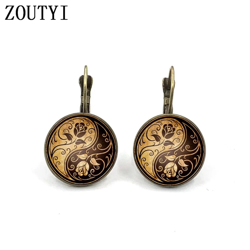 New/glamour fashion rose yin and yang taiji photo pattern, convex glass inlay earrings, feminine decoration.