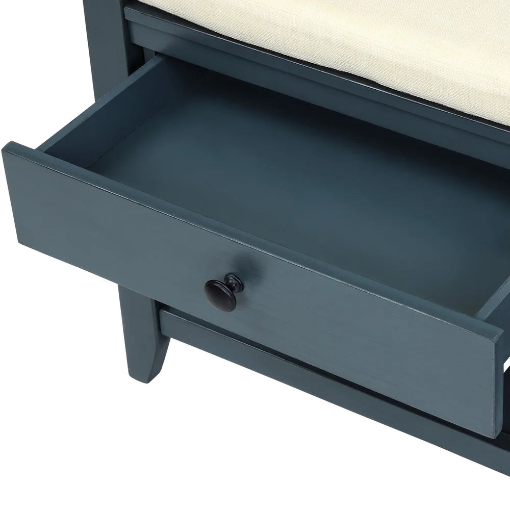 Vintage Storage Bench with 2 Drawers Soft Cushion Entryway Shoe Rack Antique Navy Durable Wood Construction Easy Assembly