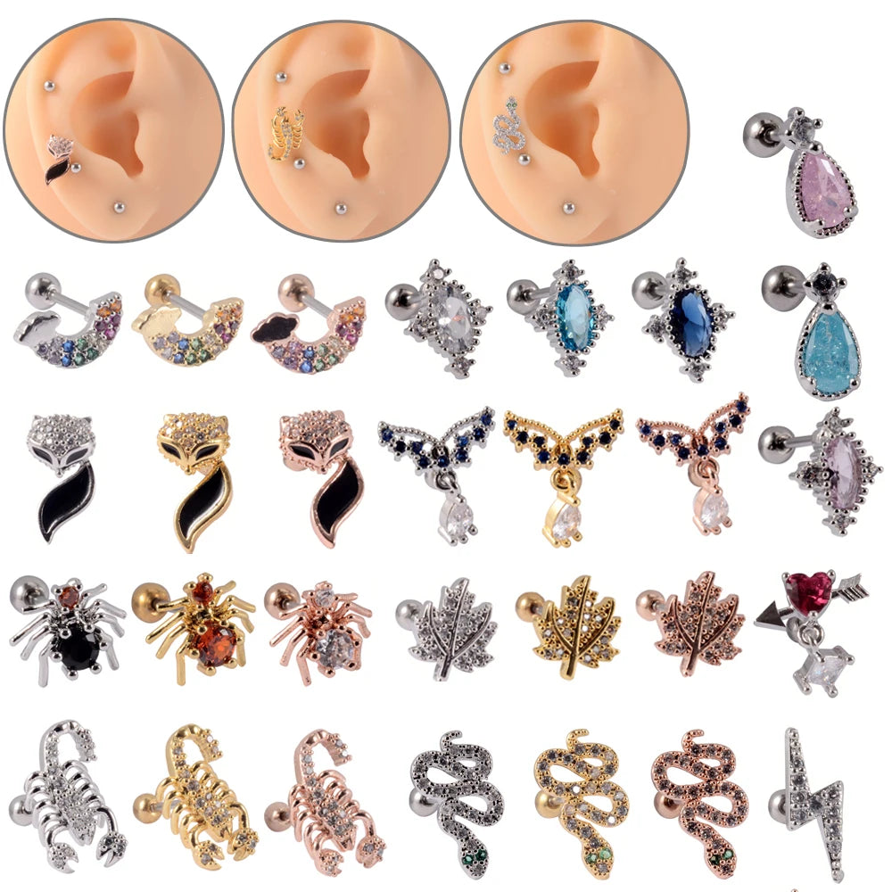 1Pc Stainless Steel Wolf Ear Tragus Cartilage Stud CZ Gem Leaf Rainbow Snake Barbell Helix Earring Lobe Studs Piercing Jewelry