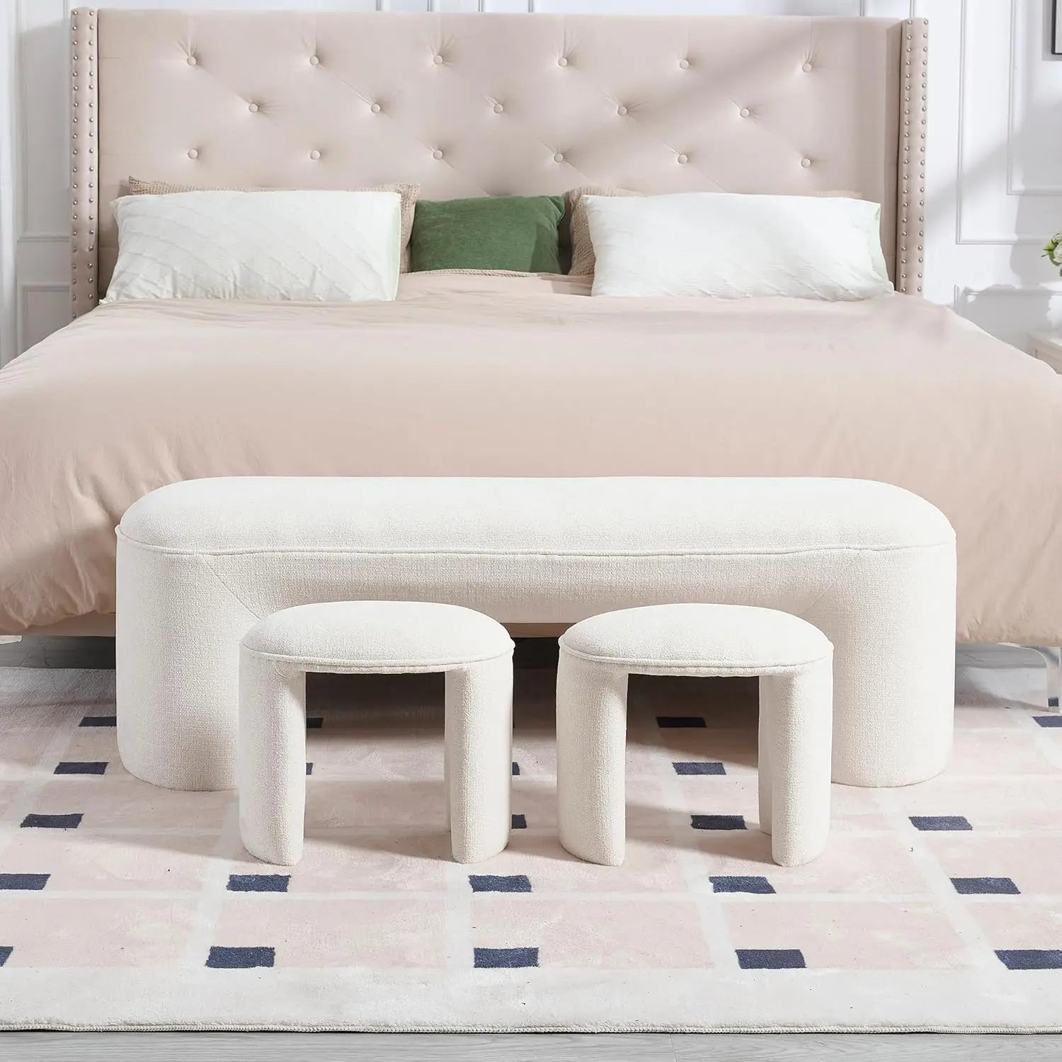 White Modern Boucle Bench Set of 1, Rectangular Sherpa Entryway Bench, Upholstered Ottoman, Indoor Bench Footrest