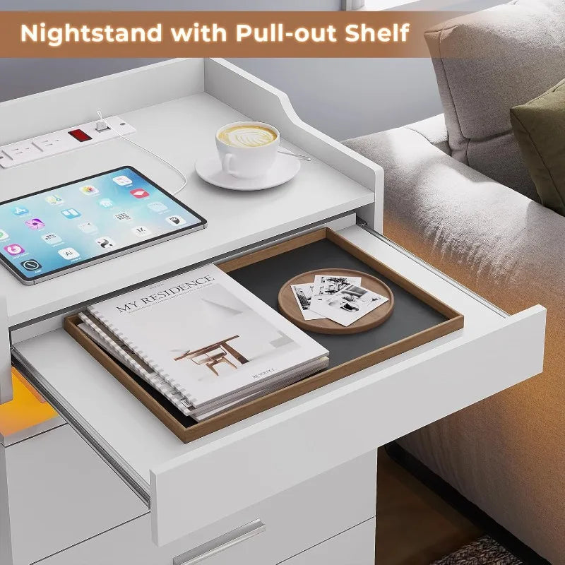 White Nightstand Set of 2,LED Night Stand with Charging Station & Pull-Out Tray,Bedside Table with Drawers,Modern End Table 2PCS
