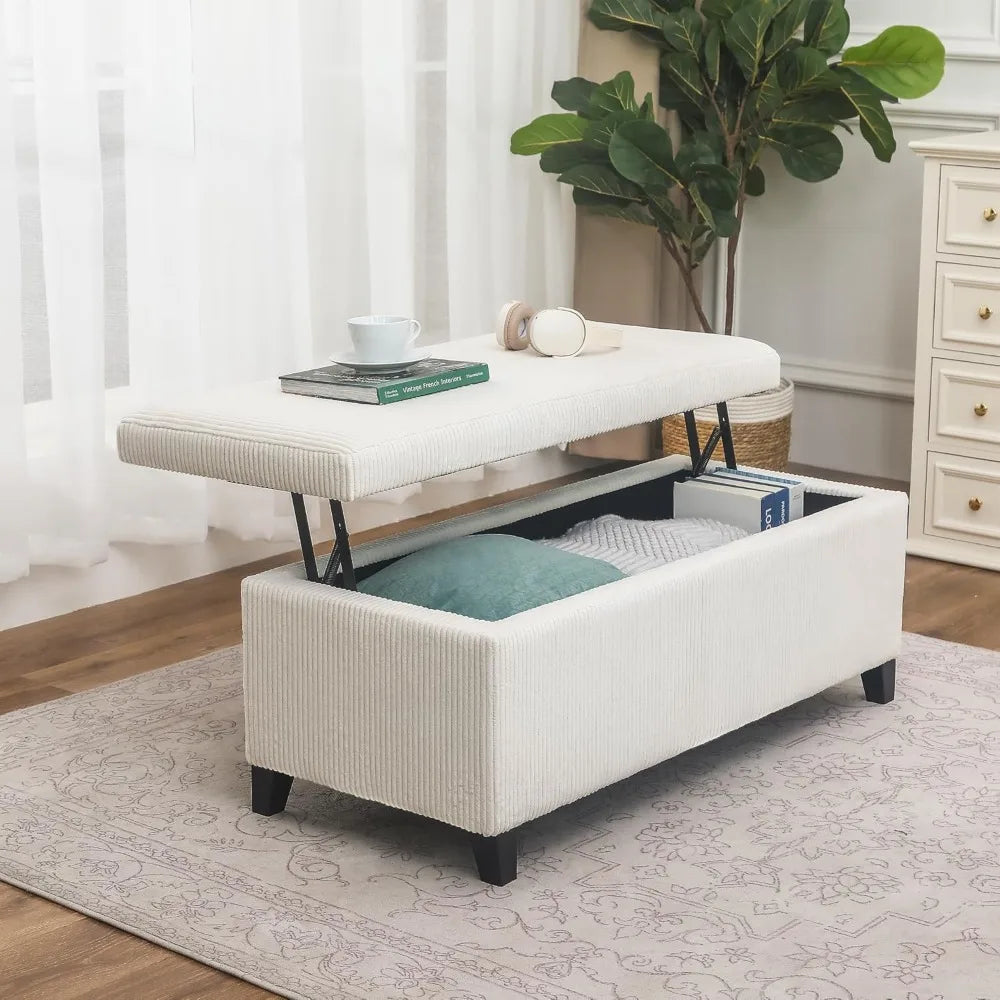 Lift Top Storage Ottoman Bench, 42 inch Beige Rectangular Ottoman, Corduroy Fabric Upholstered Storage Bench for LivingRoom