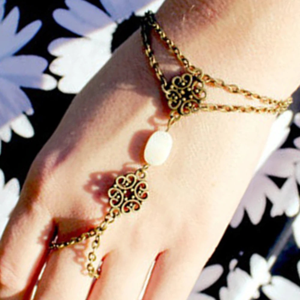Asymmetric Turquoise Bracelet Finger Ring Lucky Harness Slave Hand Chain Cute