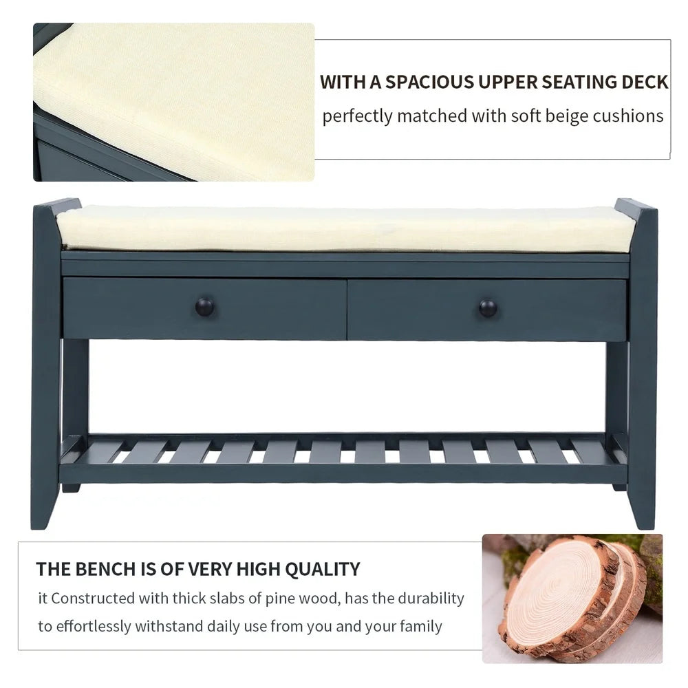 Vintage Storage Bench with 2 Drawers Soft Cushion Entryway Shoe Rack Antique Navy Durable Wood Construction Easy Assembly