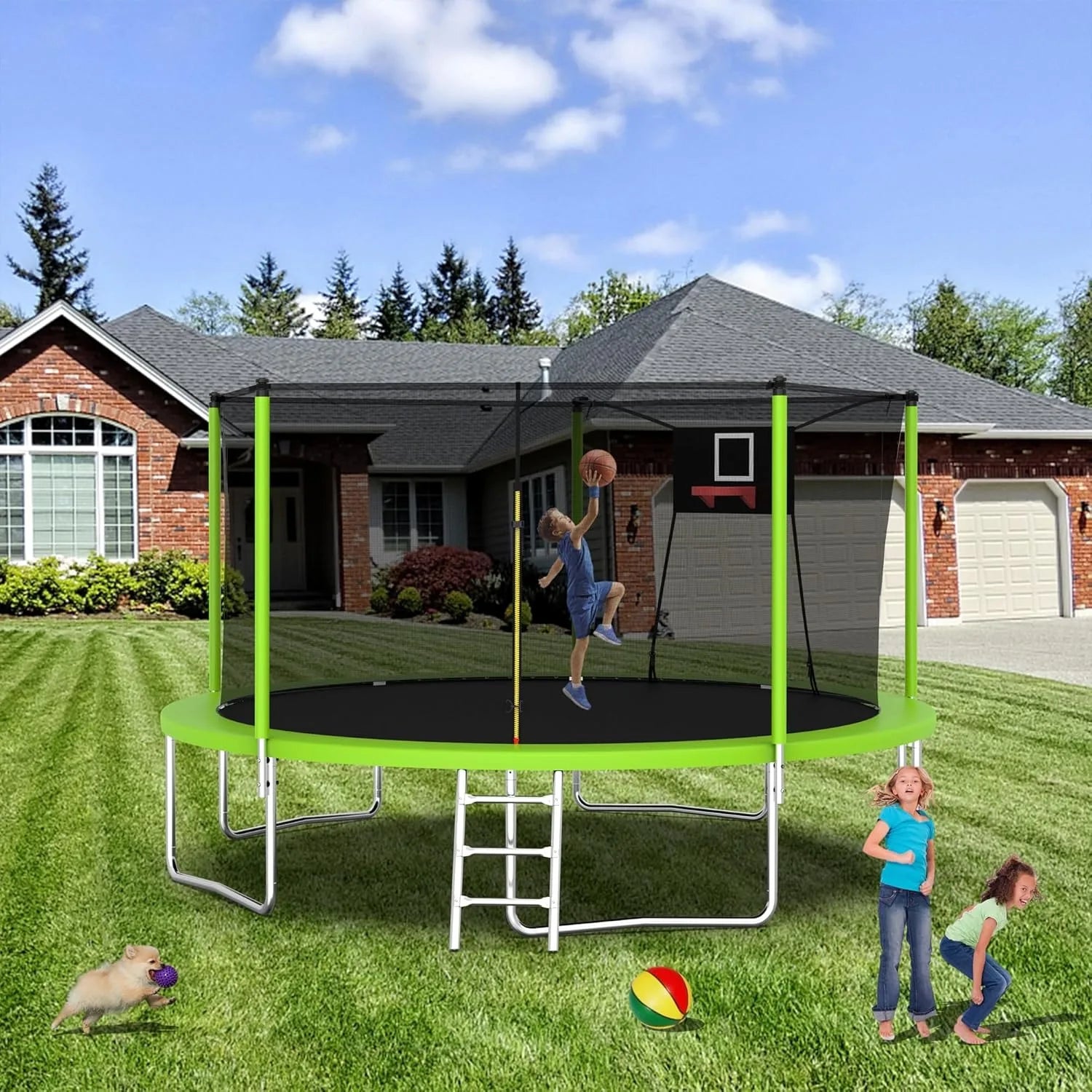 1000 LBS 14FT Outdoor Trampoline with Basketball Hoop & Safety Enclosure Net - ASTM Approved, Heavy-Duty Recreational Trampoline