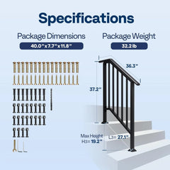 2-Pack 3 Step Galvanized Steel Hand Rails for Outdoor Steps – Black Oval and Safety Balusters Exterior Railing for Porch, Deck,