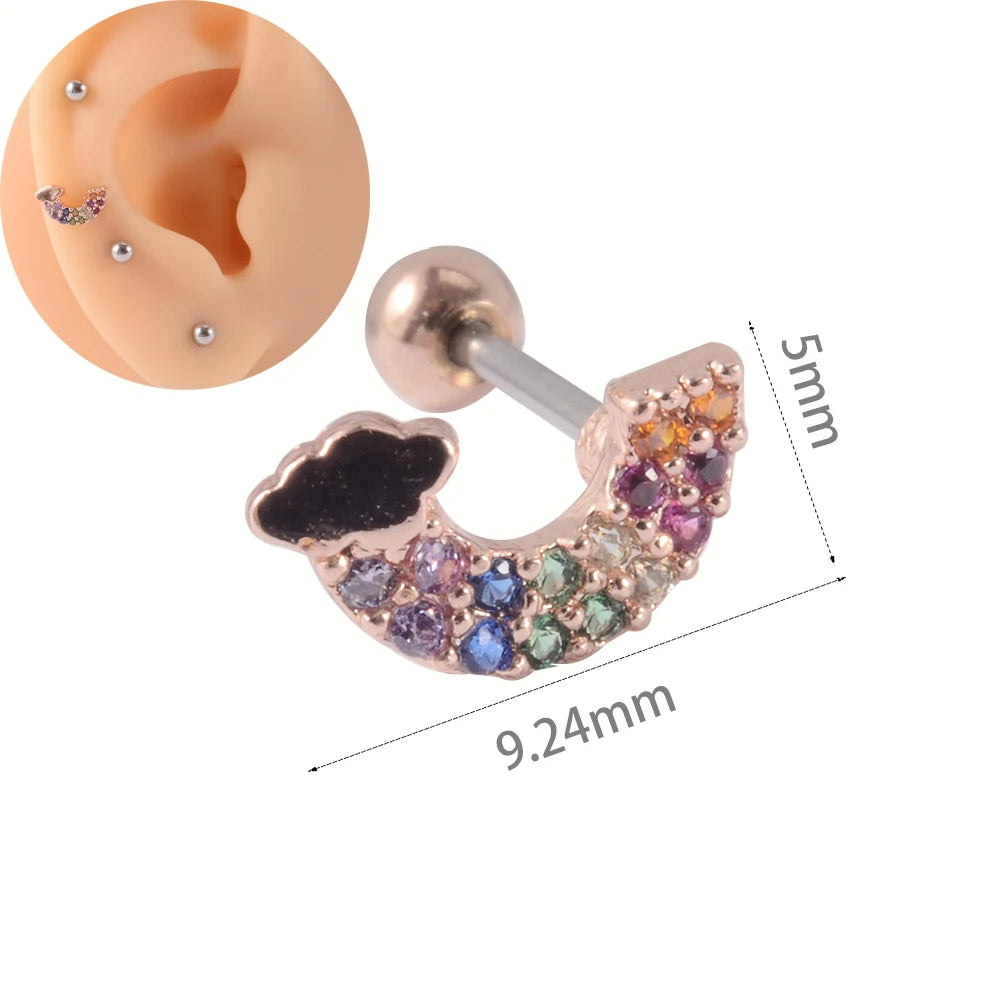 1Pc Stainless Steel Wolf Ear Tragus Cartilage Stud CZ Gem Leaf Rainbow Snake Barbell Helix Earring Lobe Studs Piercing Jewelry