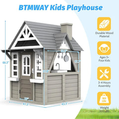 Kids Outdoor Playhouse,Cedar Gray Wooden Play House for Kids Ages 3-8, with Play Kitchen, Interactive Doorbell, Toy Phone, Sink,