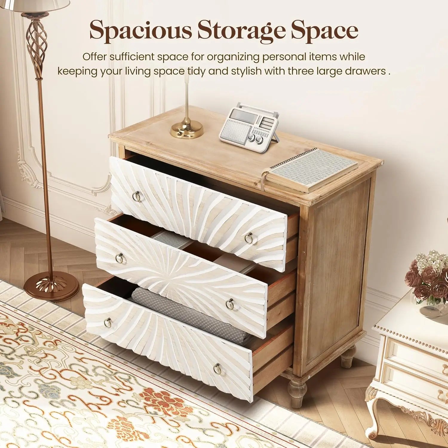 Royalcraft 3 Drawer Dresser with Pattern Carved Drawers, Vintage 3 Chest of Drawers for Bedroom, Wide Nightstand with Gourd Legs