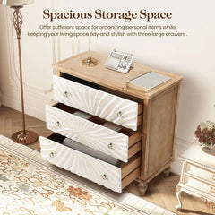 Royalcraft 3 Drawer Dresser with Pattern Carved Drawers, Vintage 3 Chest of Drawers for Bedroom, Wide Nightstand with Gourd Legs