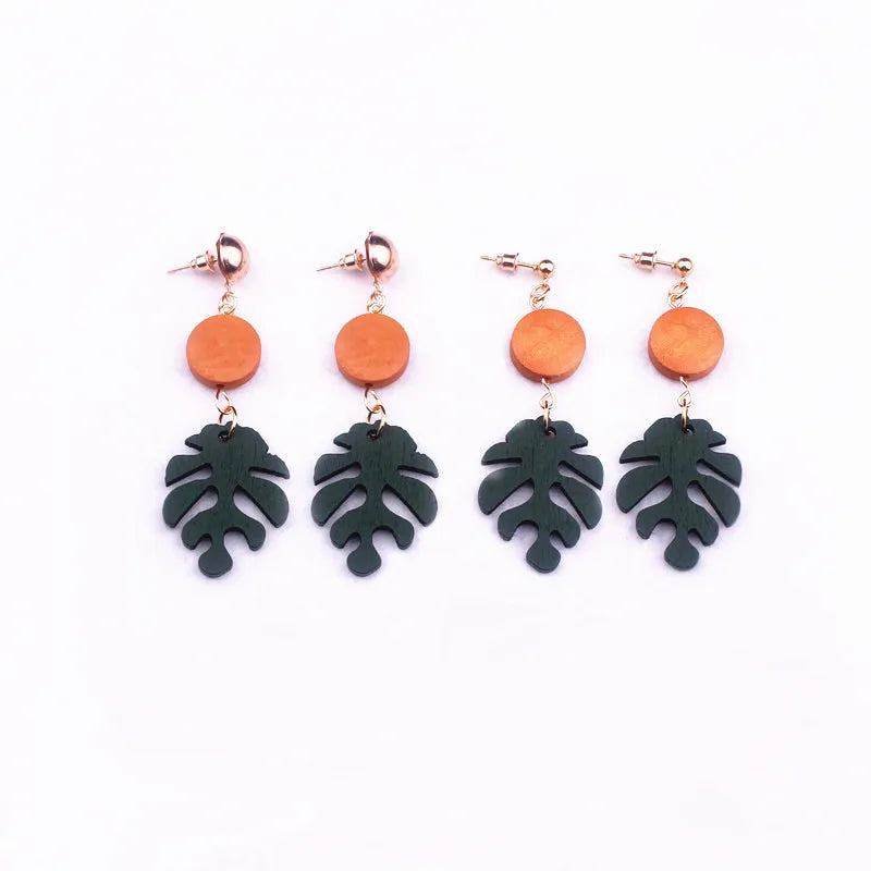 fashion green color African plant Wood Monstera Leaf earrings for women bear drop earring girls gifts new fj008